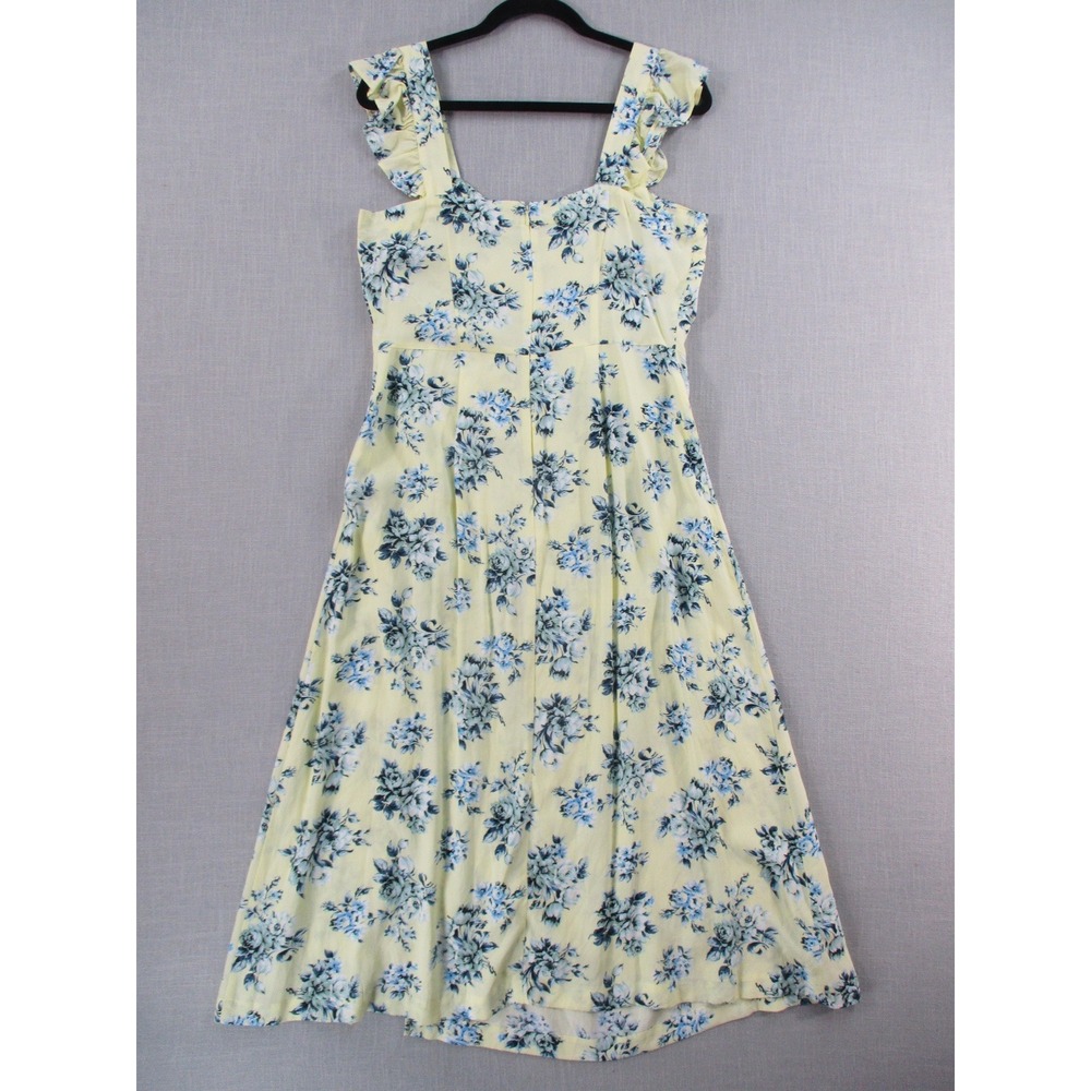 LOFT Yellow Blue Floral Ruffle Strap Midi Dress Size 10 Sweetheart Neck Slit - Picture 8 of 10